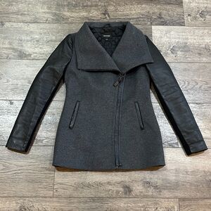 Mackage Asymmetrical Zip Mixed Media Coat Gray Black Leather Sleeve Size Small